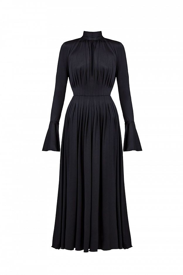 Pleated Bow-Neck Midi Dress