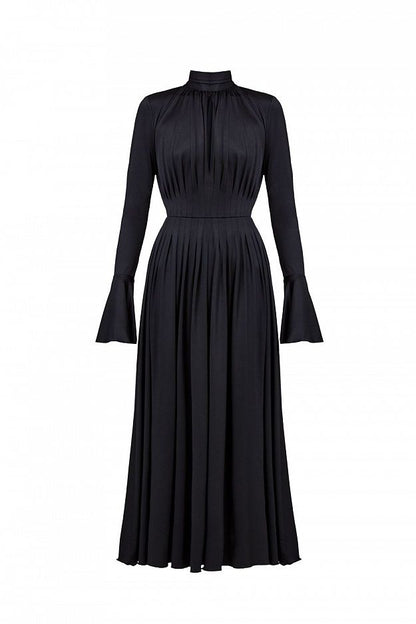 Pleated Bow-Neck Midi Dress