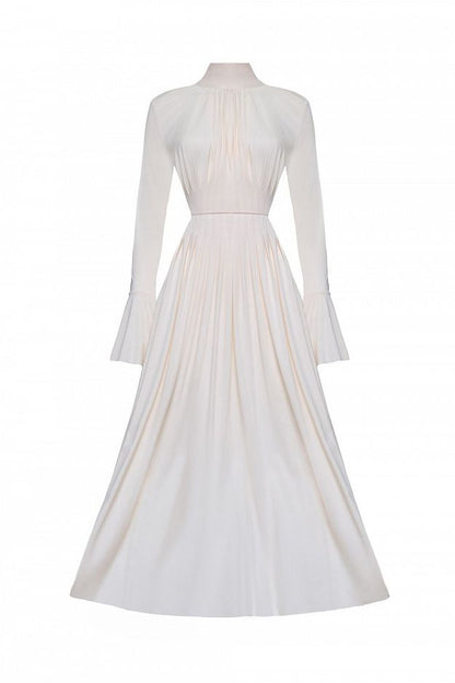 Pleated Bow-Neck Midi Dress