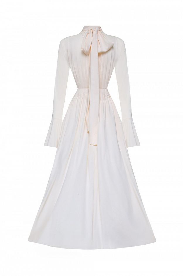 Pleated Bow-Neck Midi Dress