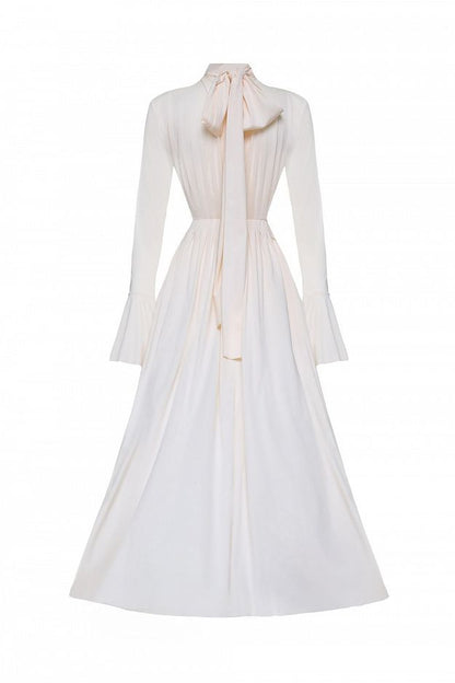 Pleated Bow-Neck Midi Dress