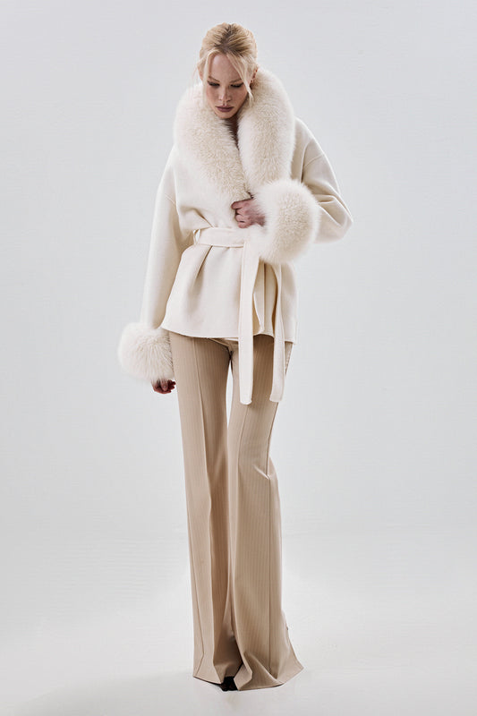 Cropped Wool Coat with Arctic Fox Fur Trim