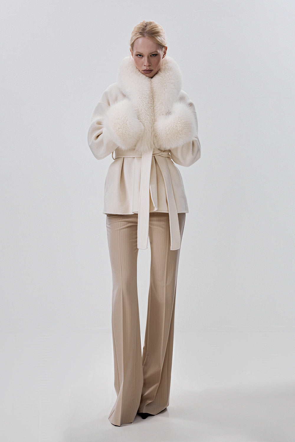 Cropped Wool Coat with Arctic Fox Fur Trim