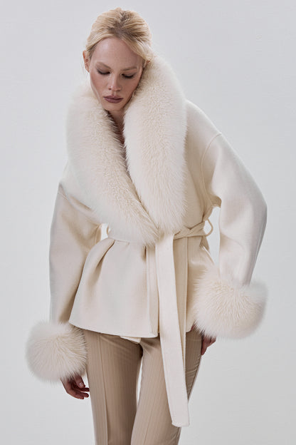 Cropped Wool Coat with Arctic Fox Fur Trim