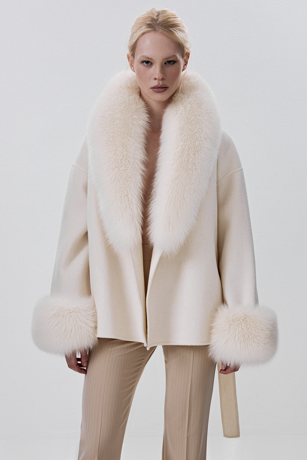 Cropped Wool Coat with Arctic Fox Fur Trim
