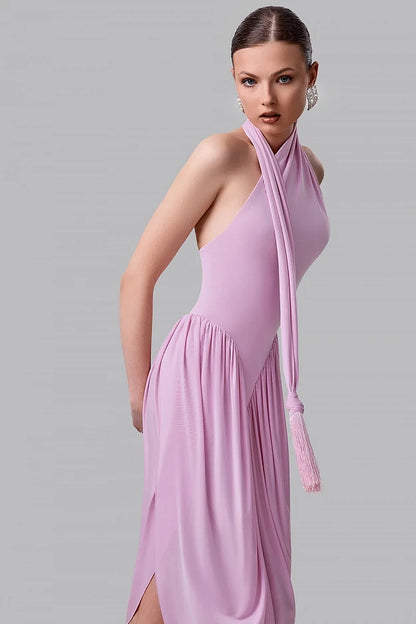 Asymmetric Halter Midi Dress with Scarf