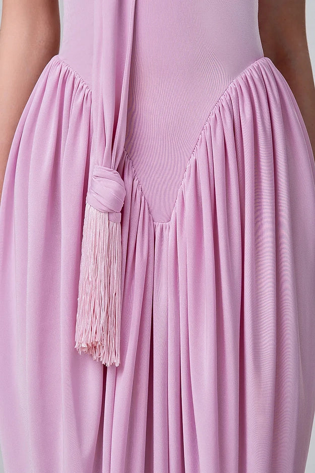 Asymmetric Halter Midi Dress with Scarf