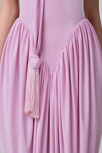 Asymmetric Halter Midi Dress with Scarf