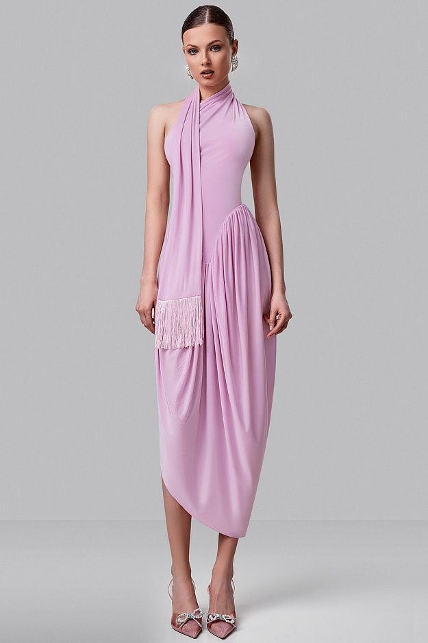 Asymmetric Halter Midi Dress with Scarf