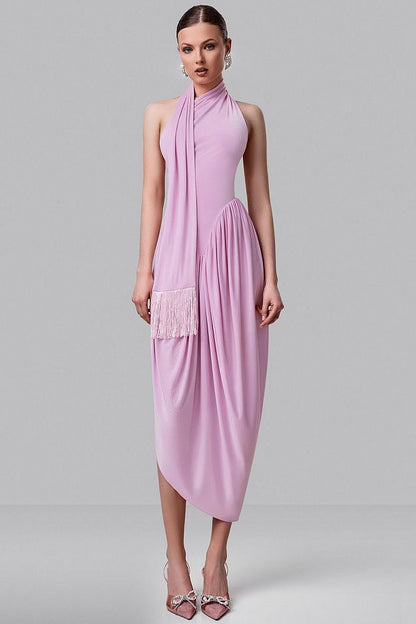 Asymmetric Halter Midi Dress with Scarf
