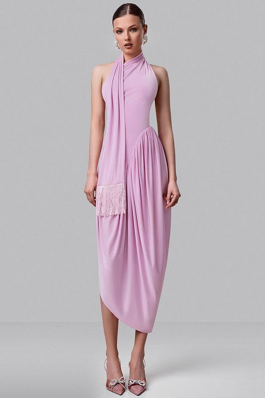 Asymmetric Halter Midi Dress with Scarf