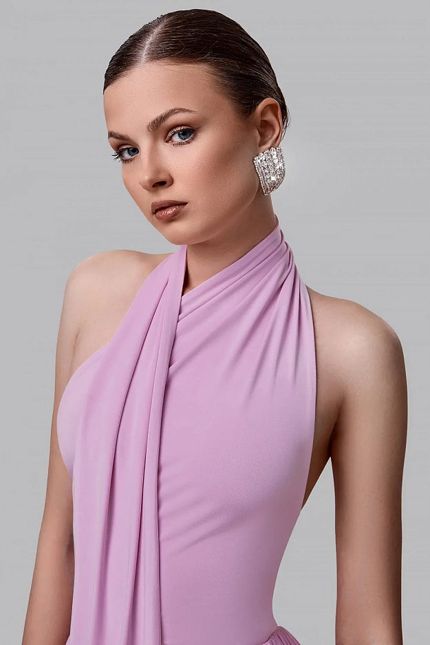 Asymmetric Halter Midi Dress with Scarf