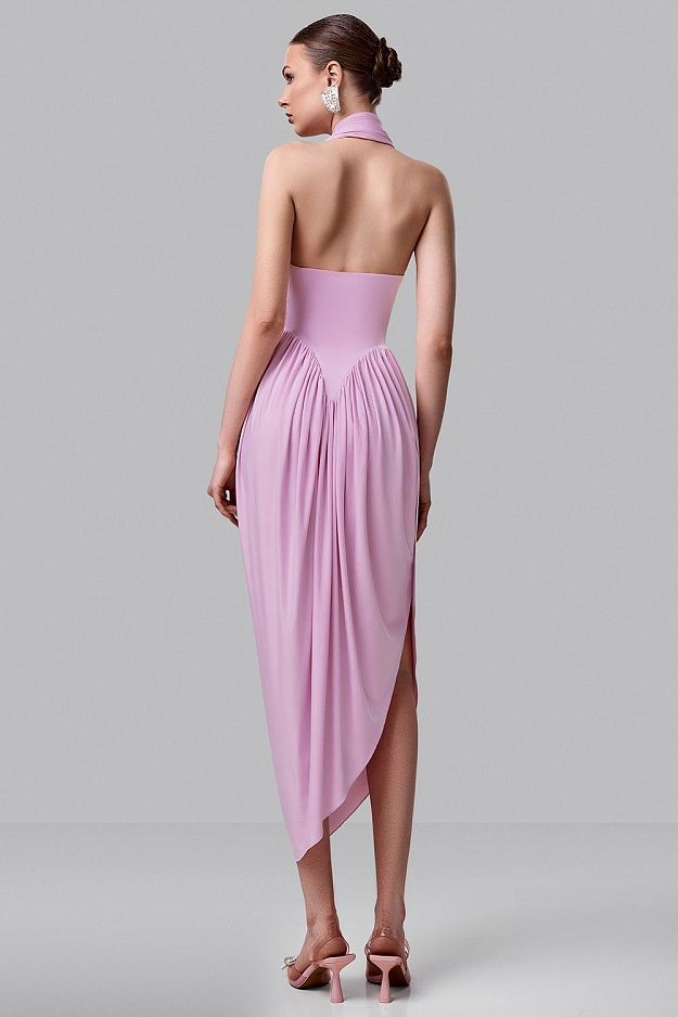 Asymmetric Halter Midi Dress with Scarf