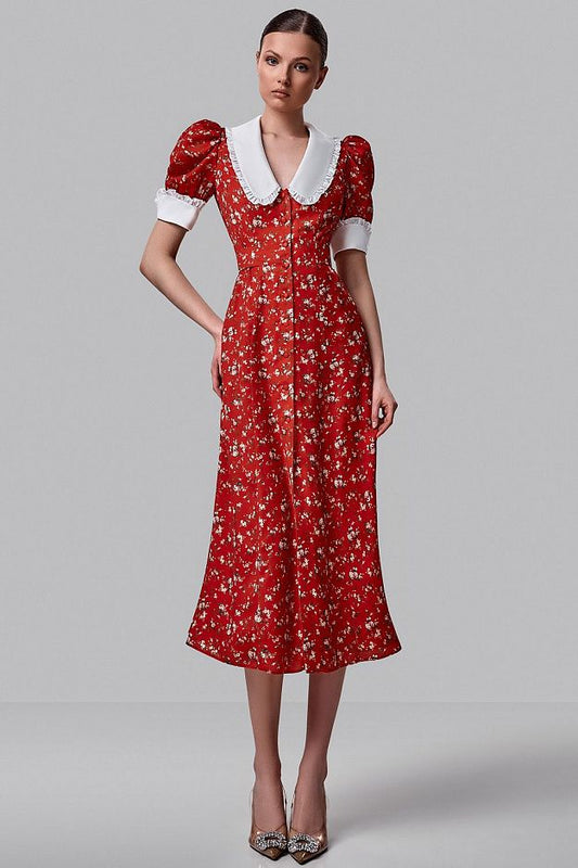 Floral Midi Dress with Contrast Collar