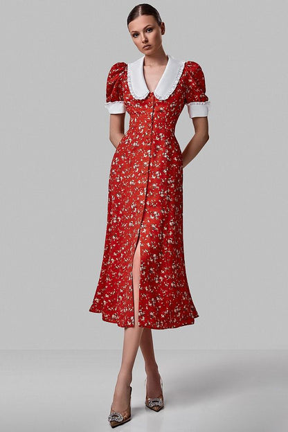 Floral Midi Dress with Contrast Collar