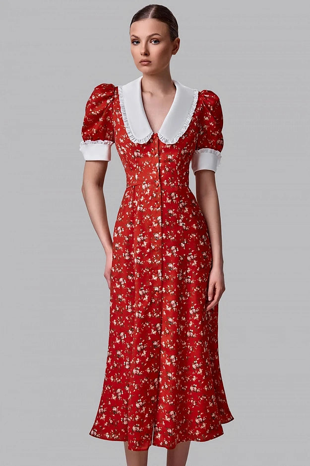 Floral Midi Dress with Contrast Collar