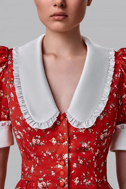 Floral Midi Dress with Contrast Collar