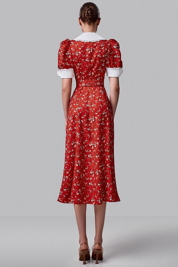 Floral Midi Dress with Contrast Collar