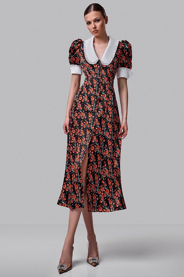 Floral Midi Dress with Contrast Collar