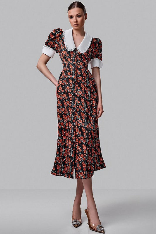 Floral Midi Dress with Contrast Collar