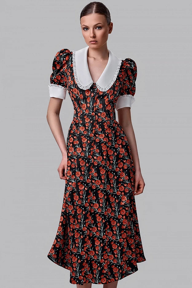 Floral Midi Dress with Contrast Collar