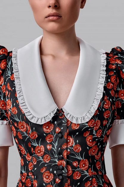 Floral Midi Dress with Contrast Collar