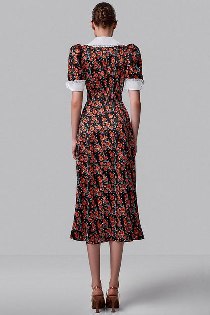 Floral Midi Dress with Contrast Collar