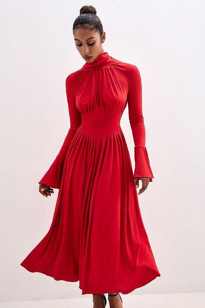 Pleated Bow-Neck Midi Dress