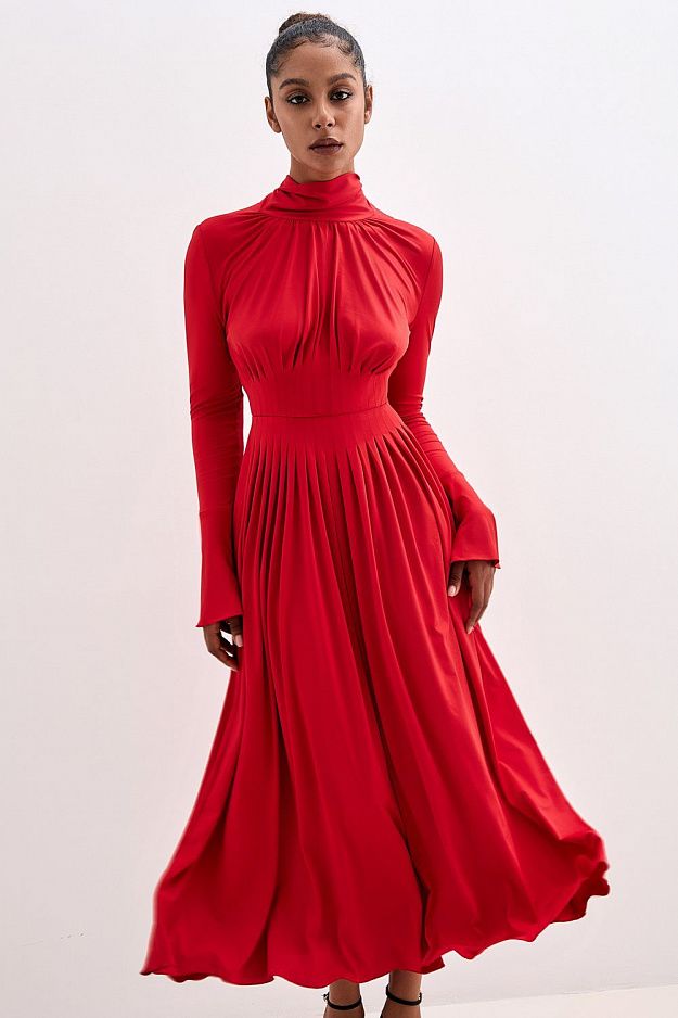 Pleated Bow-Neck Midi Dress