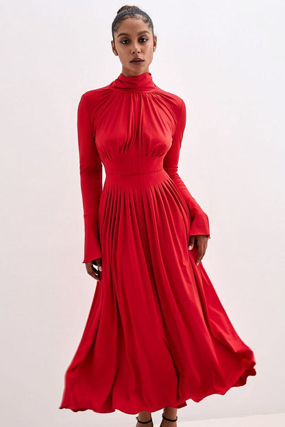 Pleated Bow-Neck Midi Dress