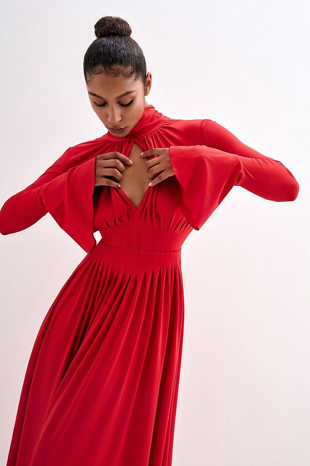 Pleated Bow-Neck Midi Dress