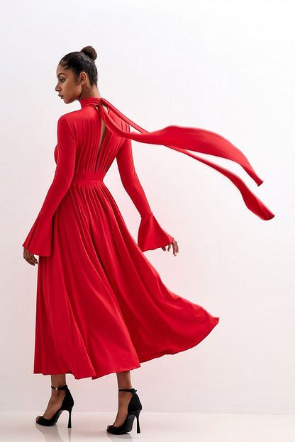 Pleated Bow-Neck Midi Dress