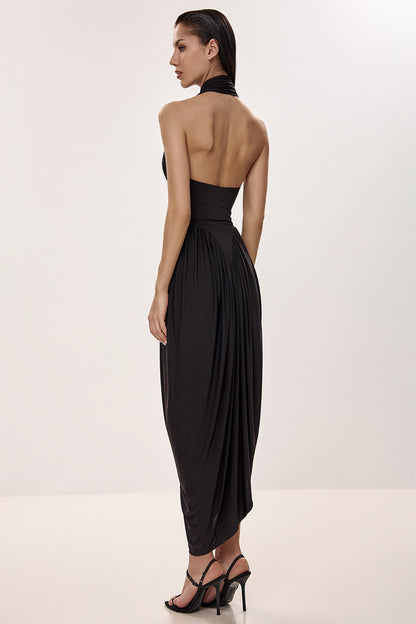 Asymmetric Halter Midi Dress with Scarf
