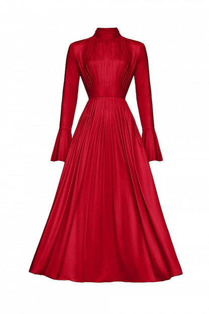 Pleated Bow-Neck Midi Dress