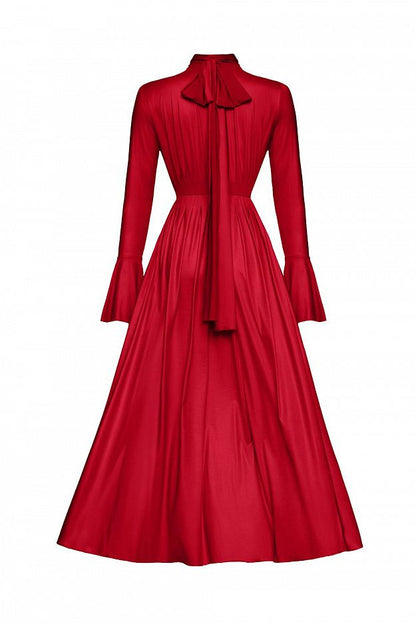 Pleated Bow-Neck Midi Dress