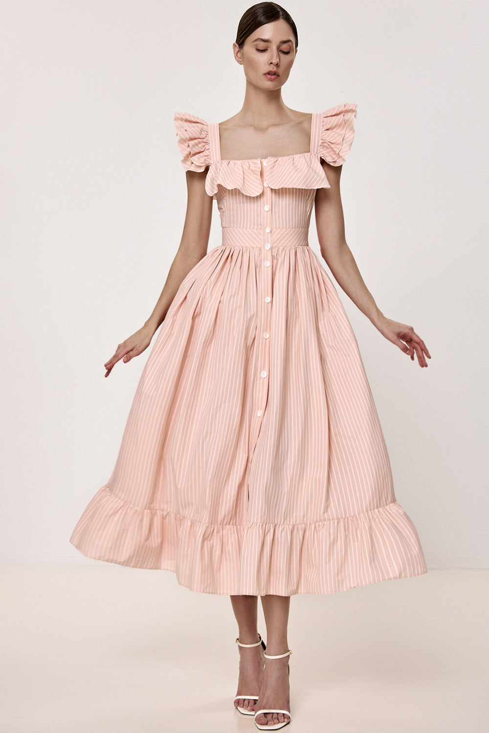 Midi Dress with Ruffle Sleeves and Fitted Waist