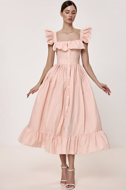 Midi Dress with Ruffle Sleeves and Fitted Waist