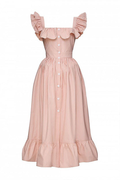 Midi Dress with Ruffle Sleeves and Fitted Waist