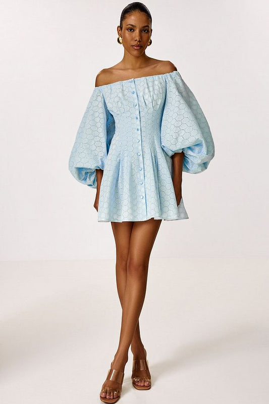 Cotton Mini Dress with Puff Sleeves