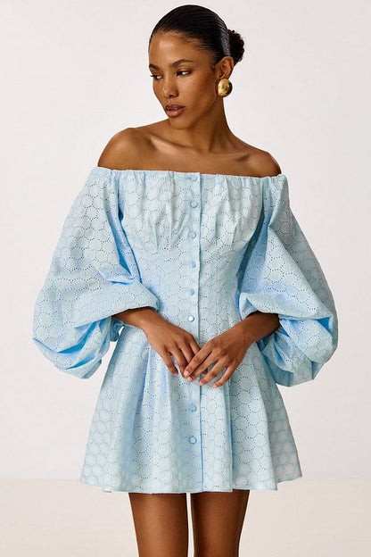 Cotton Mini Dress with Puff Sleeves