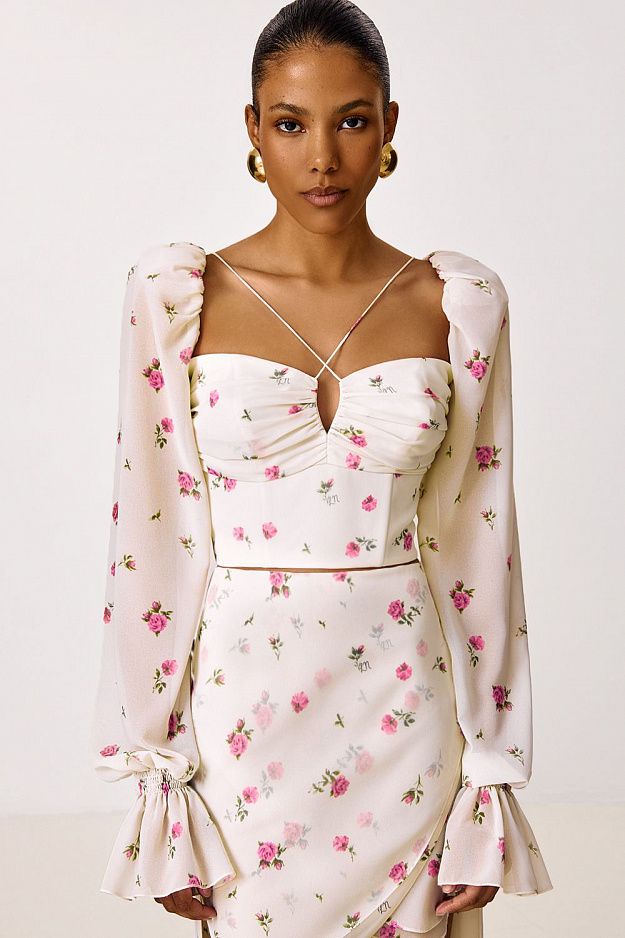 Floral Print Top with Puff Sleeves