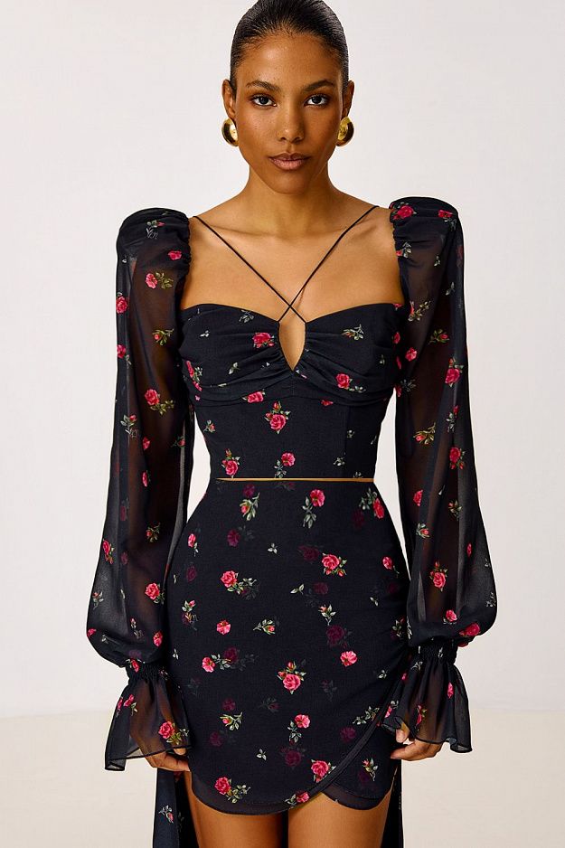 Floral Print Top with Puff Sleeves