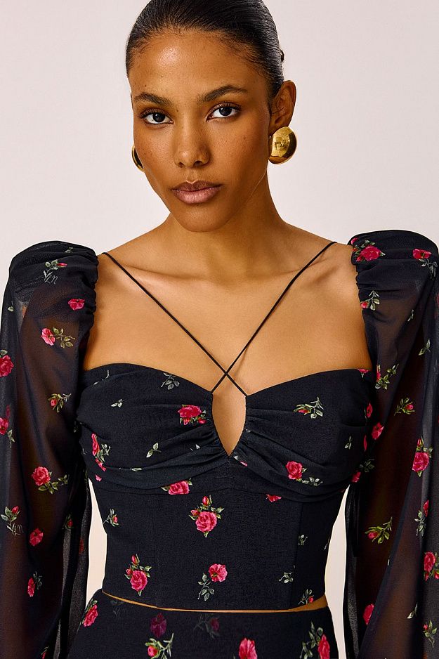 Floral Print Top with Puff Sleeves