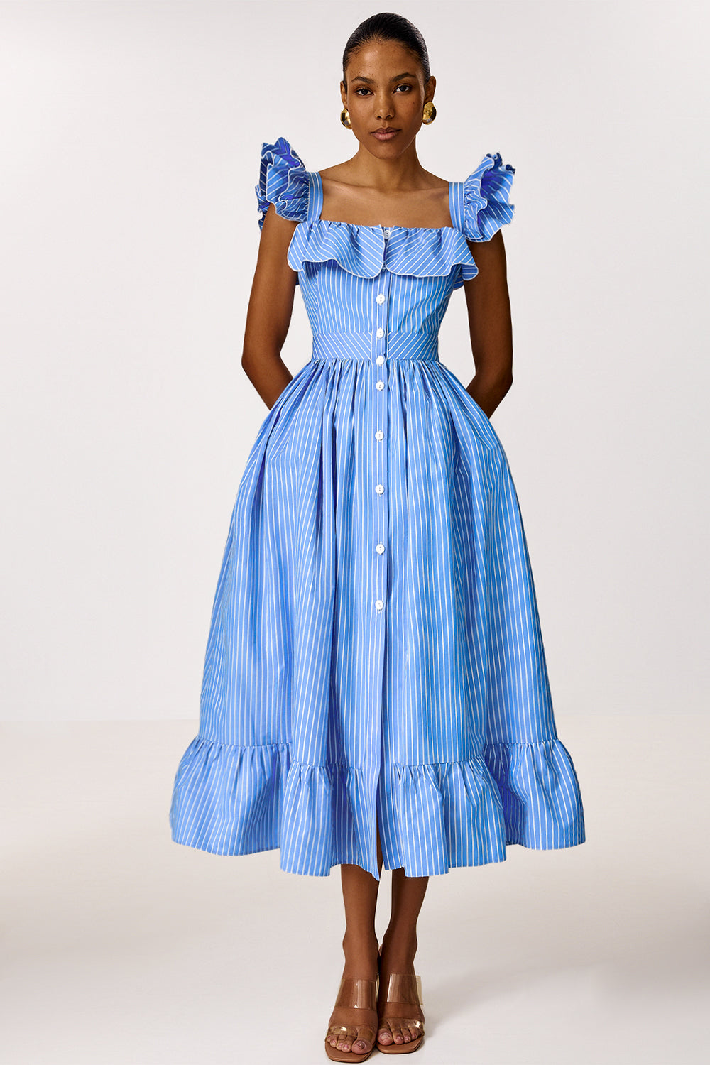 Midi Dress with Ruffle Sleeves and Fitted Waist