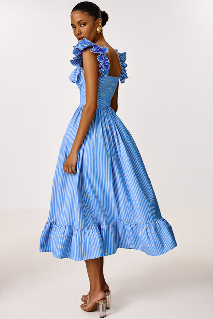 Midi Dress with Ruffle Sleeves and Fitted Waist