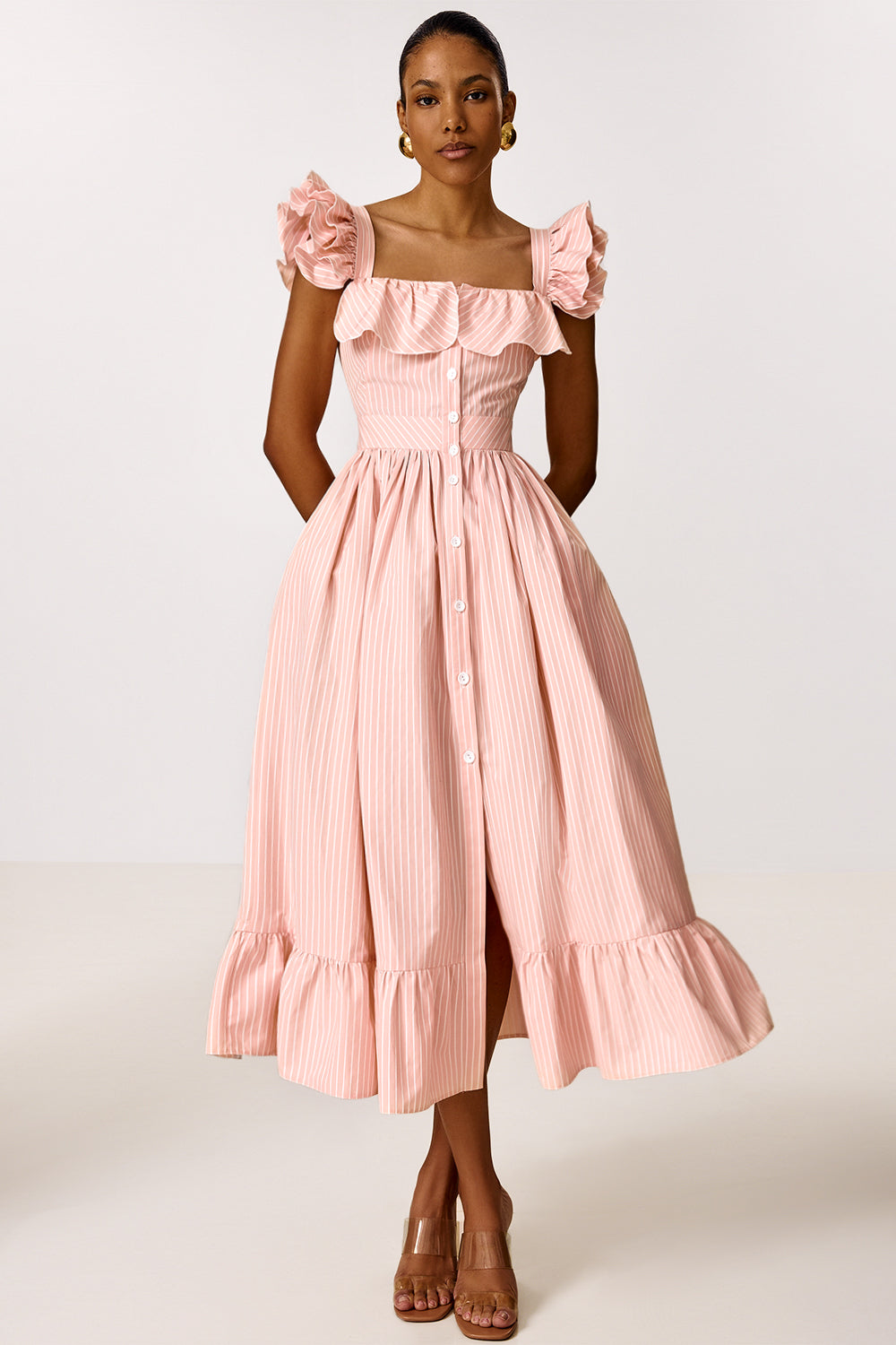 Midi Dress with Ruffle Sleeves and Fitted Waist