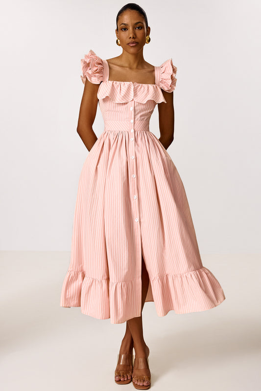 Midi Dress with Ruffle Sleeves and Fitted Waist