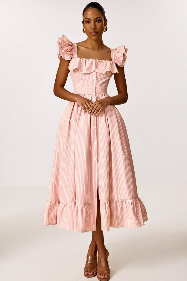 Midi Dress with Ruffle Sleeves and Fitted Waist