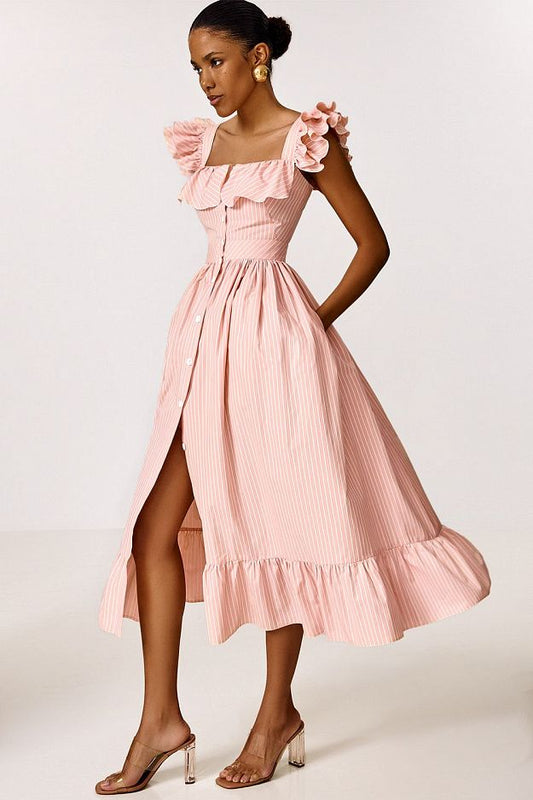 Midi Dress with Ruffle Sleeves and Fitted Waist