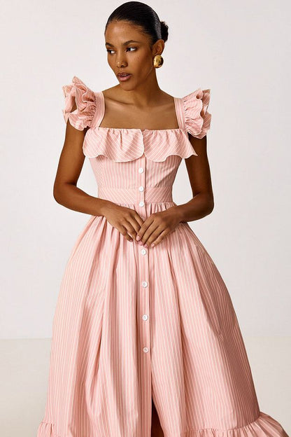 Midi Dress with Ruffle Sleeves and Fitted Waist